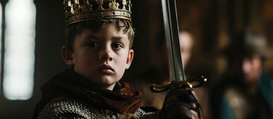 Assistant aids child actor impersonating king wielding sword, crowned. - obrazy, fototapety, plakaty