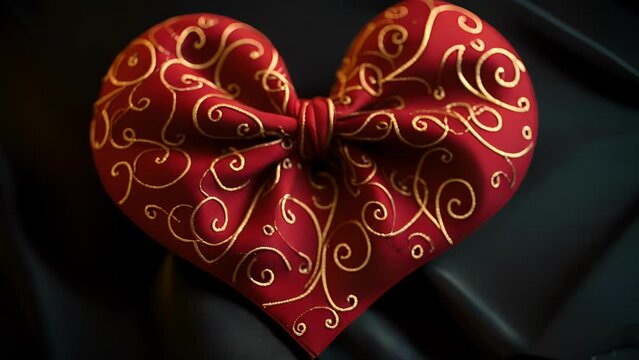 A vibrant red heartshaped bow lined with whimsical swirls and decorated with tiny golden arrows.