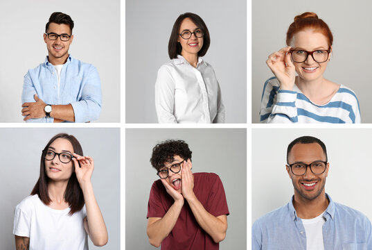 Many people in glasses on light background, collection of photos
