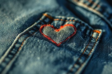 A faded denim background with a pocket in the shape of a heart, a casual and cool setting for laid-back love affirmations copy-space - obrazy, fototapety, plakaty