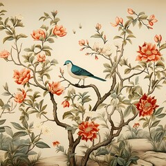 chinoiserie background with peonies flowers and beautiful bird