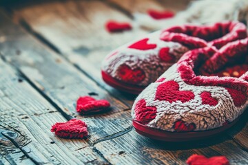 A pair of cozy slippers with heart designs, a simple comfort and a gesture of care on Valentine's Day copy-space - obrazy, fototapety, plakaty