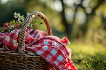 A picnic basket with a red and white checkered cloth, ready for a romantic Valentine's Day outing copy-space - obrazy, fototapety, plakaty