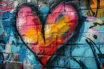 A vibrant graffiti heart spray-painted on an urban wall, a modern and expressive backdrop for bold declarations of love copy-space