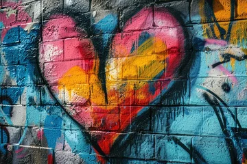 Foto op Plexiglas A vibrant graffiti heart spray-painted on an urban wall, a modern and expressive backdrop for bold declarations of love copy-space © Lucija