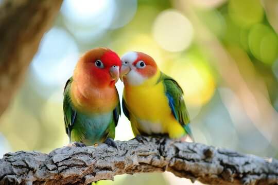 A pair of lovebirds perched together, a natural and endearing image of companionship copy-space
