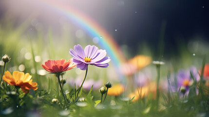 Wildflowers basking in sunlight with a radiant rainbow arching overhead, creating a picturesque scene.