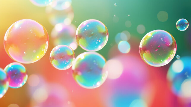Close-up of colorful soap bubbles with rainbow reflections, creating a whimsical and joyful abstract pattern against a bright background.