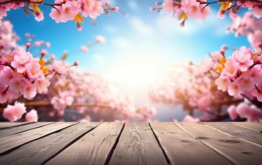 Naklejka na ściany i meble Spring Beauty - Pink Blossoms Gracing a Wooden Table. Created with Generative AI technology