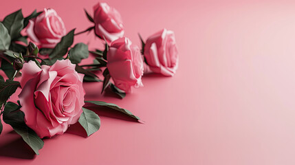 Four pink roses on pink  background. blurred  in the distance. Blank area for text on right. Valentine's Day Card and wedding invitations