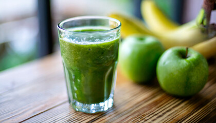 Fresh green smoothie in glass, ideal morning detox drink, healthy lifestyle concept, vibrant colors, nutritious beverage