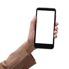 Woman holding smartphone with blank screen isolated on white, closeup. Mockup for design
