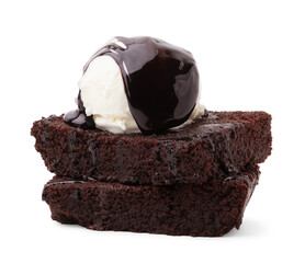 Delicious brownies with ice cream and chocolate sauce isolated on white