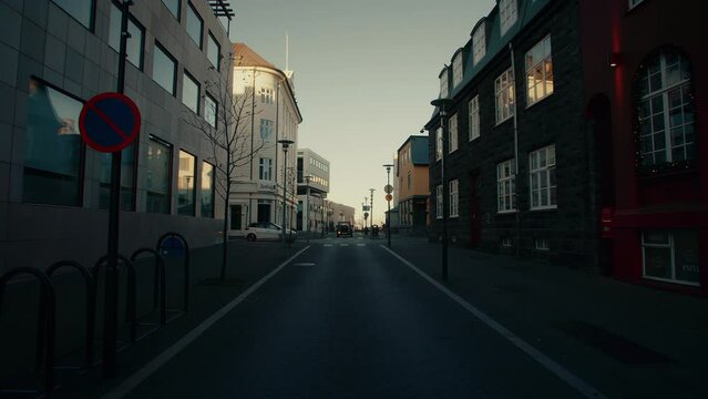 Car takes a turn in Reykjavik's street