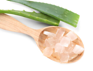 Aloe vera gel in spoon and slices of plant isolated on white, top view