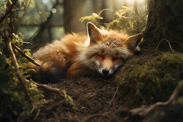 Fototapeta premium Image of a fox sleeping lying on the ground in the forest. Wildlife Animals.