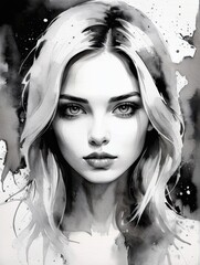 Girl portrait, black and white watercolor illustration, highly detailed beautyfull face, concept art