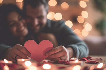 Two mature lovers share a special moment holding a red cardboard heart and roses on Valentine’s Day in the living room at home - obrazy, fototapety, plakaty