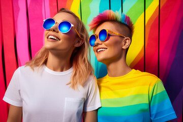 Happy beautiful young female gay couple wearing colourful clothes and sunglasses. LGBT gay pride rainbow flag as a background, LGBTQ.