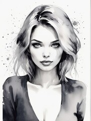 Girl portrait, black and white watercolor illustration, highly detailed beautyfull face, concept art