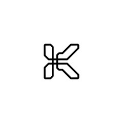 A stylized letter k in black line on a white background