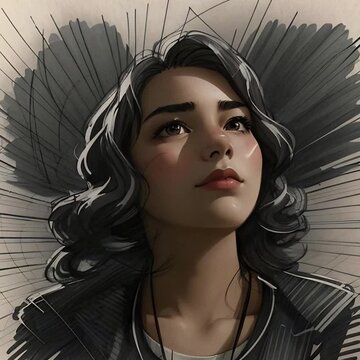 Young Woman Morphing from a Painting to a Sketch