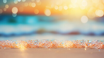 The golden rays of sunset create a sparkling effect on the wet sand of the beach, a close-up of a...