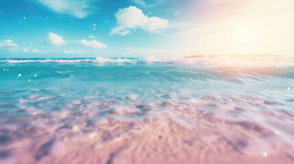 The bright sun illuminates turquoise ocean waves, creating a vibrant and inviting tropical seascape.
