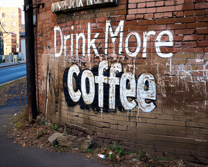 落書きされた壁「コーヒーをもっと飲んで」