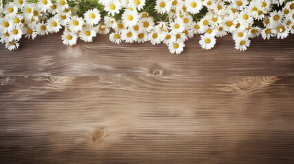 Obraz premium A tranquil scene with white daisies lying atop a dark wood background, creating a natural contrast.