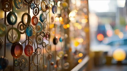 Closeup of unique and creative artwork made from repurposed materials at a small business storefront.