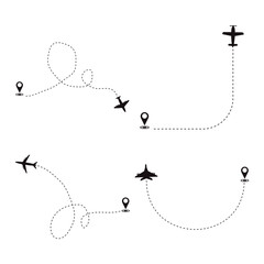 Airplane Dotted Icon Set. With Routes and Markers. Isolated Vector Illustration.