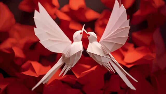 A pair of paper lovebirds, their wings folded in a graceful embrace, their beaks meeting in a symbol of eternal love.