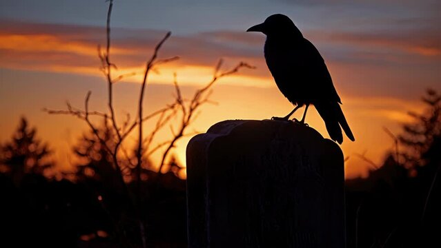The silhouette of a raven perched atop a tombstone its beady eyes watching with malice.