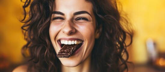Delighted woman excited to eat delicious chocolate. - obrazy, fototapety, plakaty