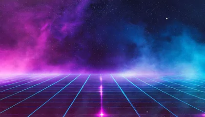 Foto op Canvas Synthwave vaporwave retrowave cyber background with copy space, laser grid, starry sky, blue and purple glows with smoke and particles. © New2023