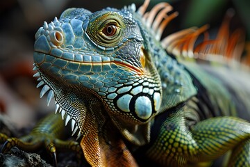 Green Iguana male beautiful multicolor animal, colorful reptile in south Florida