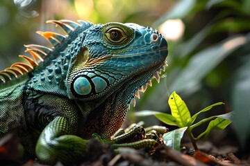 Obraz premium Green Iguana male beautiful multicolor animal, colorful reptile in south Florida