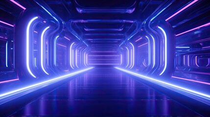 Futuristic sci-fi blue and purple neon tube lights glowing with smoke wall