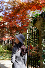 The girl and the old maple tree in the mountains