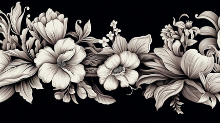 seamless black and white vintage floral border on black background