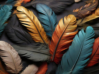 Colorful feathers on a dark background, Top view, Flat lay, soft color feathers, feathers seamless background, wallpaper