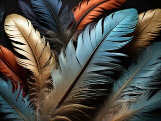 Feathers of different colors on a dark background, close-up, multicolored shinny feathers, seamless background, wallpaper