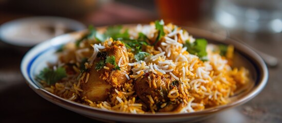 Photograph of spicy Indian chicken biryani. - obrazy, fototapety, plakaty