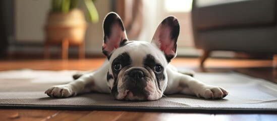French Bulldog puppy doing yoga on mat in living room. - obrazy, fototapety, plakaty