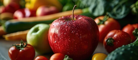 Genetically modified foods depicted by GMO text on red apple, with background of vegetables and fruits. - obrazy, fototapety, plakaty