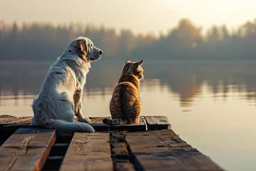 Foto op Plexiglas Dog and cat sitting with their backs on a bridge by a lake © linen