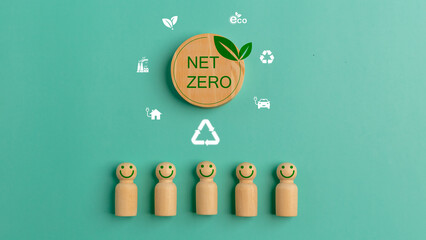 Wooden people with eco friendly symbols. Recycling, zero waste concept