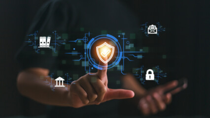 Encryption with a padlock icon on the virtual interface. In global network security technology, business people protect personal information. cybersecurity concept