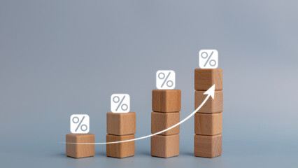 Percentage icons on cube blocks bar graph chart steps with rise-up arrows. Investment, income,...